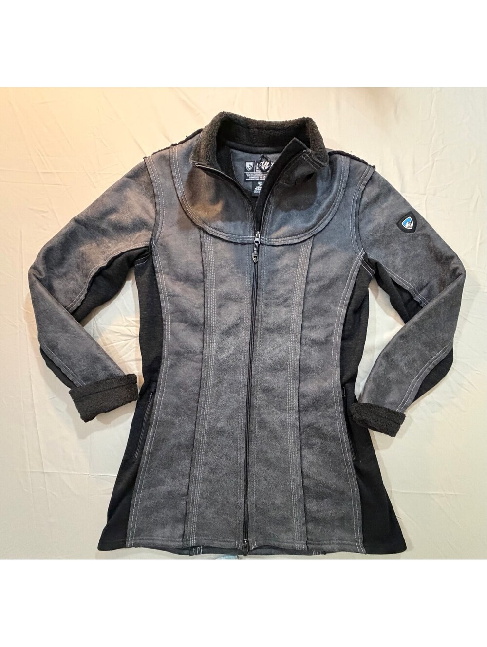 Kuhl Dani Sherpa Trench Coat Womens Large Gray Fleece Lined Full Zip No Hood